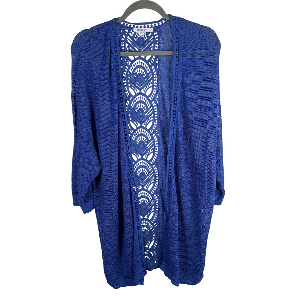 Chico's Blue Open Knit Crochet Open Front Cardigan Sweater Cover Up Size Large